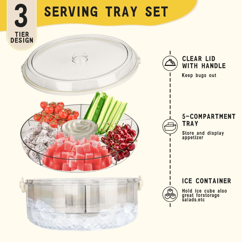 Clear Acrylic Food Storage Container With Ice Compartment 5 Sections For Cold Cut Appetizers Freshness Produce Display