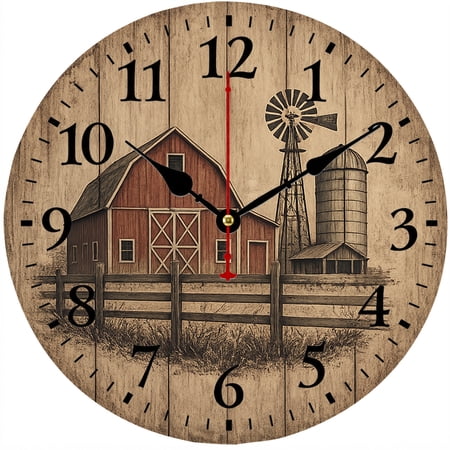 Farmhouse Wall Clock 9 . 84 Inch, Rustic Barn Windmill Silo Country Farm Decor, Battery Operated
