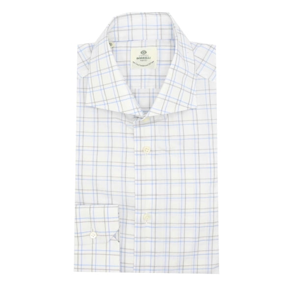 Borrelli Men's White / Blue And Grey Checked Dress Shirt - 40-15.75 (M)