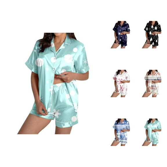 Weekend Brunch Pajamas – Soft Lounge Sets for Women & Sleepwear Ladies' Fashionable Casual Reindeer Snowflake Christmas Tree Christmas Snowman Print Silk Satin Short Sleeved Button Up Pajamas Set
