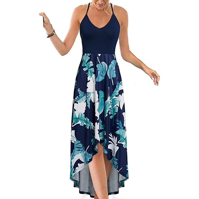 SMihono Robe Maxi Bohème d'Été pour Femmes Grande Taille Robe Maxi Asymétrique Décontractée Col en V Été Florale Sans Manches Robe de Plage