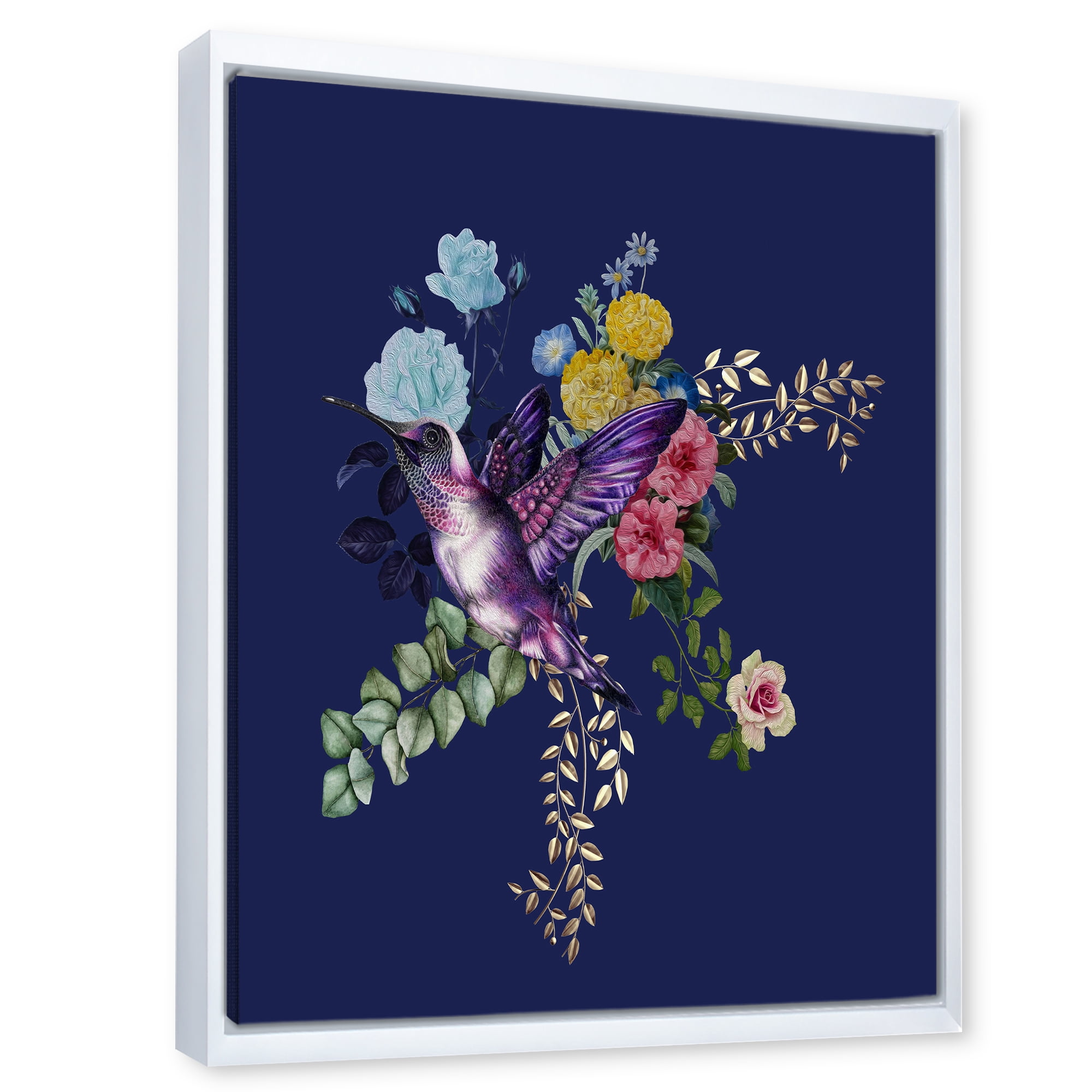 Designart 'Little Bird Sitting On Colourful Bouquet Of Wildflowers I' Traditional Framed Canvas Wall Art Print