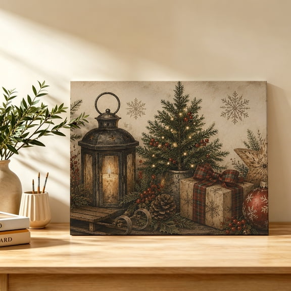 Christmas Vintage Canvas Wall Art, Winter Farmhouse Xmas Tree Pine Red Flower Star Wall Art Prints Artwork Framed Canvas Ready to Hang Art Pictures for Bathroom Bedroom Entry Desk Corner 10" x 8"