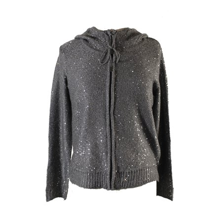 Anne Klein Silver Metallic Sequin Hooded Cardigan S