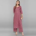 thumbnail image 1 of Janasya Indian Round Neck 3/4 Sleeve Ethnic Motifs Mauve Rayon Kurta With Palazzo For Women, 1 of 7