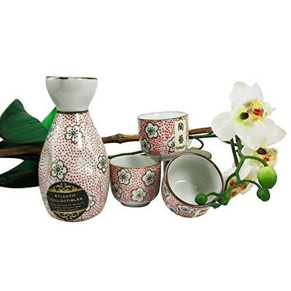 Atlantic Collectibles Japanese 7oz Ceramic Sakura Cherry Blossoms Sake Set Flask With Four Cups (Red Polkadots)