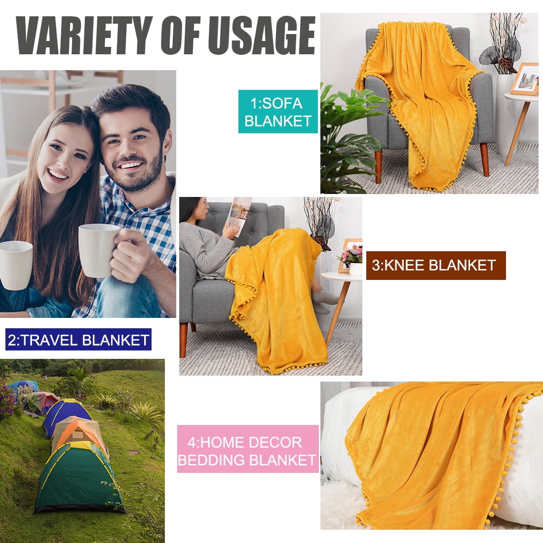 Unique Bargains Luxury Flannel Fleece Sofa Throw, Safety Yellow 50" x 59"