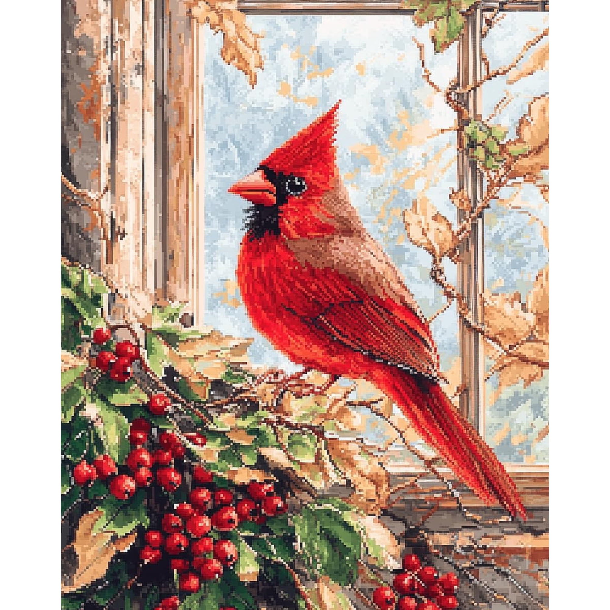 DIY Cross Stitch Kit for Beginners Red Cardinal Perched on Open Window 11CT Embroidery Kit with Pattern Stamped Needlepoint Craft Kit 40x50cm-4