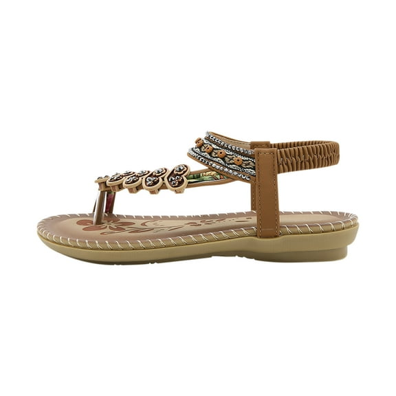 Clearance JeashCHAT Sandals Women Flat Dressy Sandal Summer Comfortable Toe Ring Elastic Ankle Strap Slip On Casual Beach Shoes Dress Bohemian Flower Rhinestone Thong Sandals
