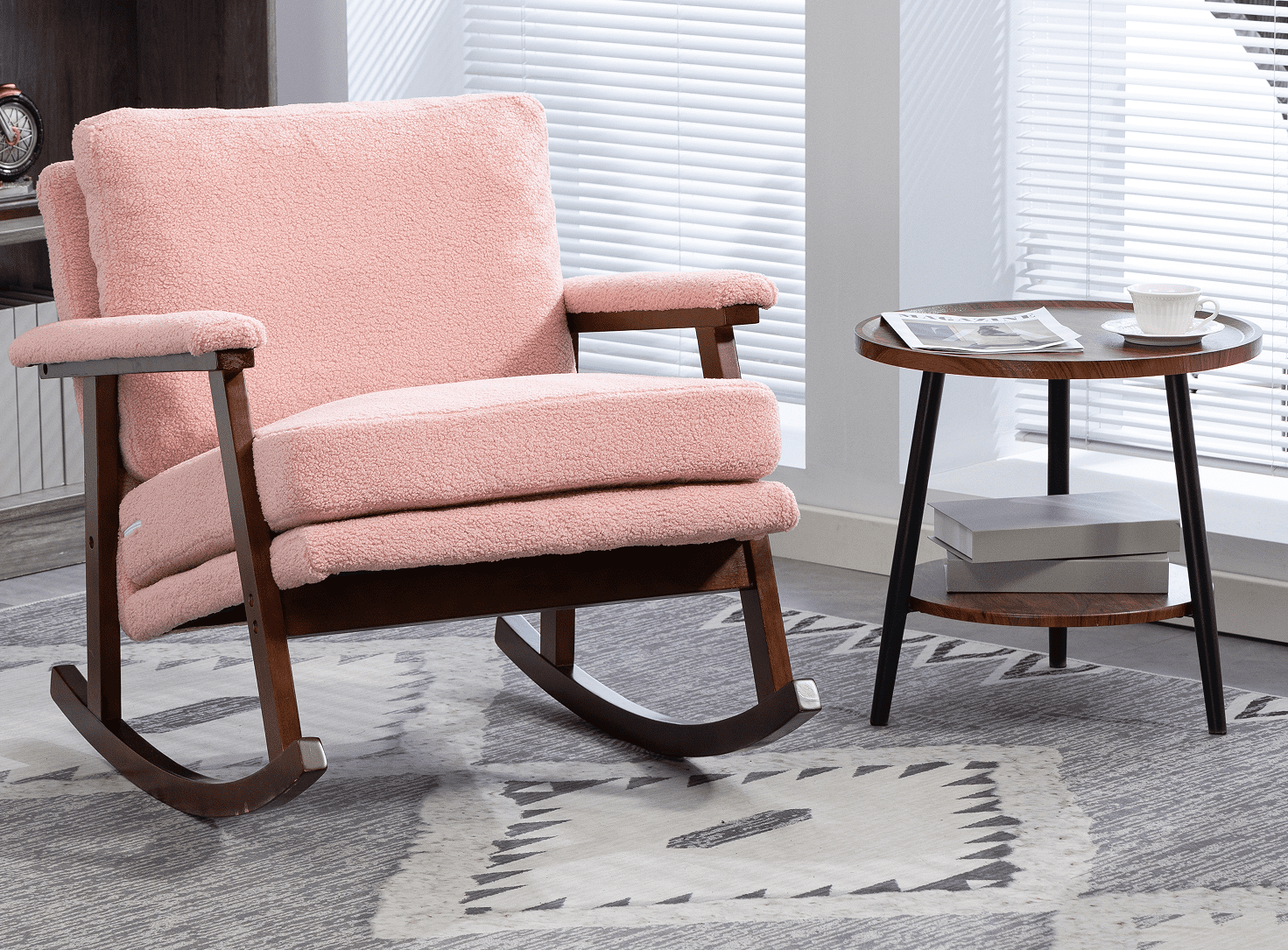 Leumius Accent Rocking Chair with Solid Frame,Modern Upholstered Fabric Accent Chair with High-Density Foam Cushion,Comfy Reading Armchair for Living Room,Bedroom,Pink