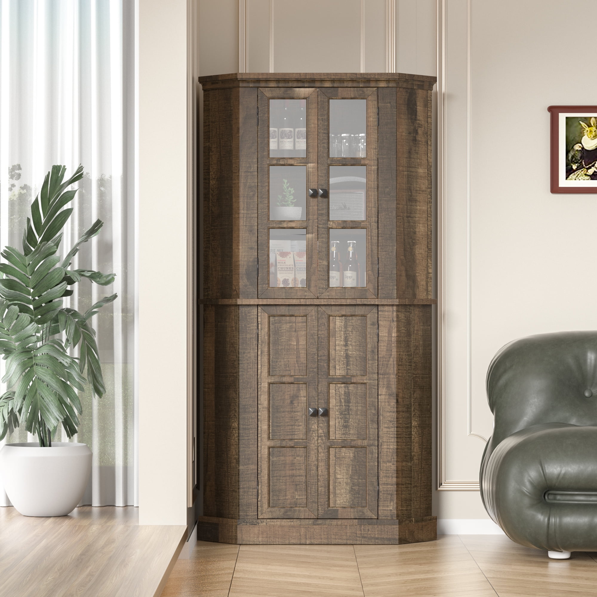 GetYes 67-Inch Corner Pantry Cabinet, 6-Tier Farmhouse with Glass Doors