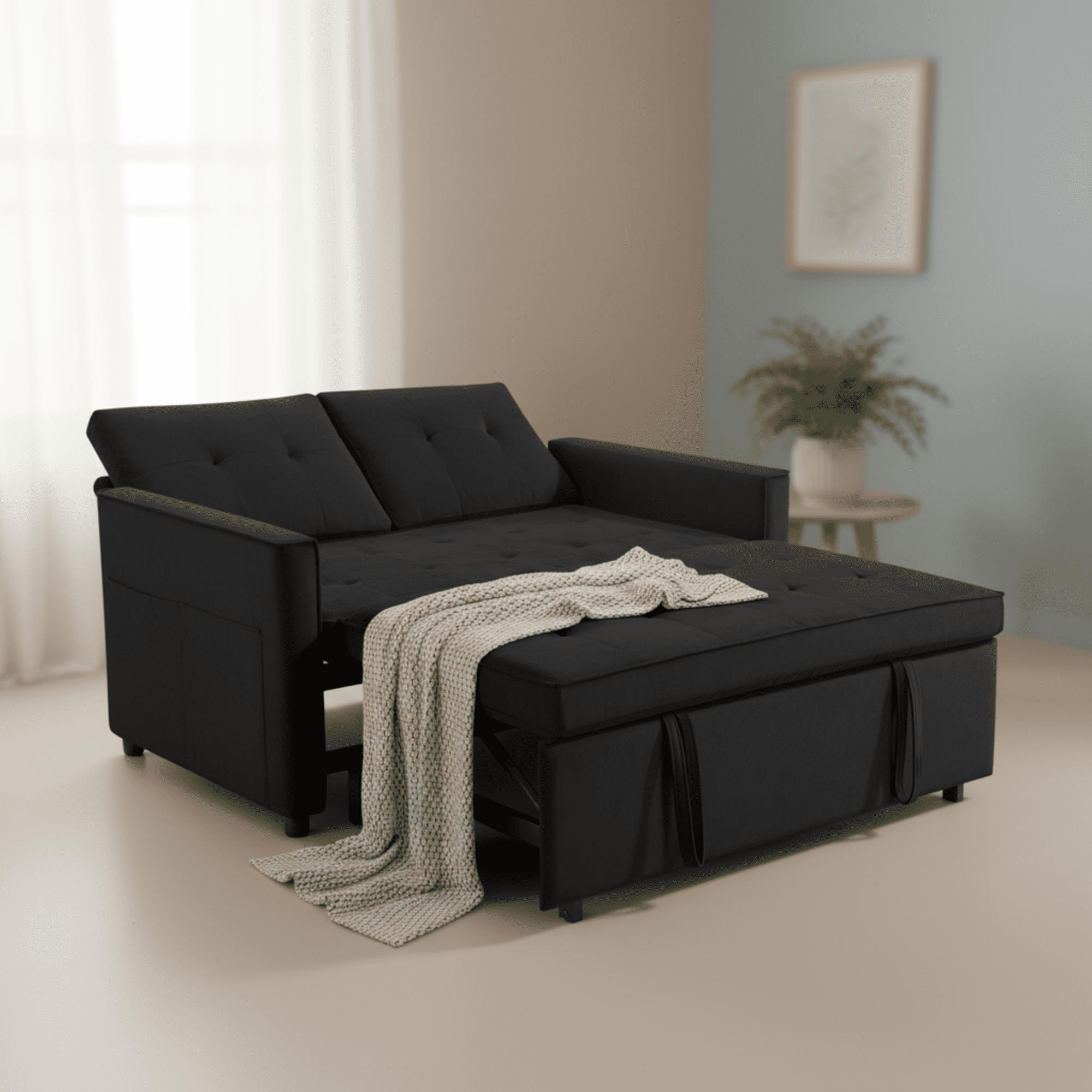 Gewnee Black Velvet Convertible Loveseat with Adjustable Backrest and Storage Pockets