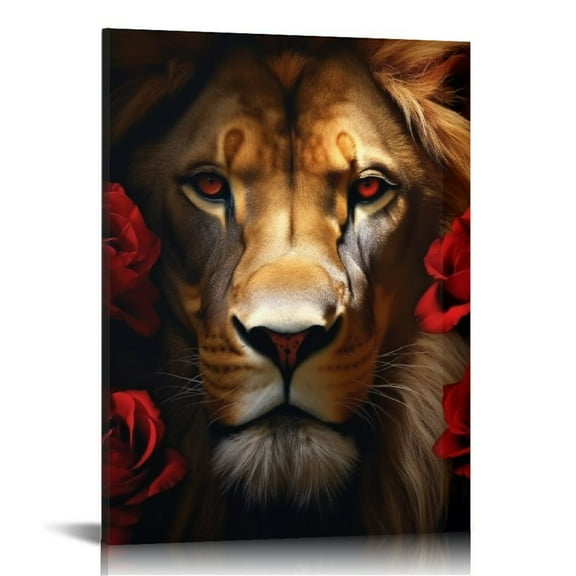 COMIO Lion Framed Canvas Wall Art Red Roses Wall Decor Captivating Close-up of Lion's Face Perfect Modern Home Decor for Living Room Home Bedroom Decoration