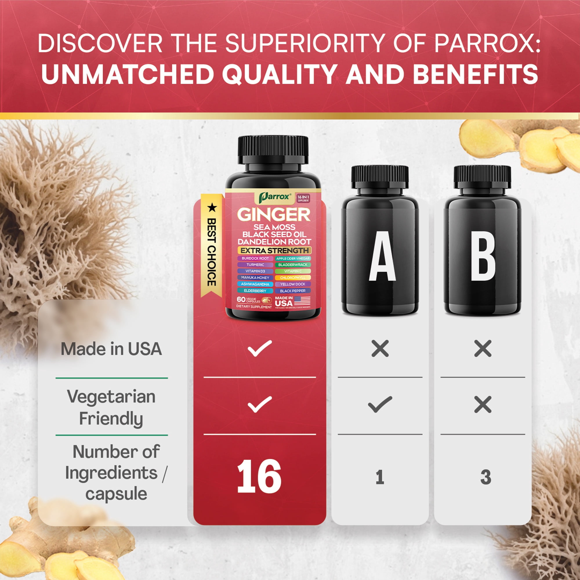 Ginger Black Seed Oil Ashwagandha Turmeric Bladderwrack Burdock Sea Moss Vitamin C Vitamin D3 Elderberry Manuka Honey Dandelion Yellow Dock Chlorophyll ACV Apple Cider Vinegar – 60 Capsules