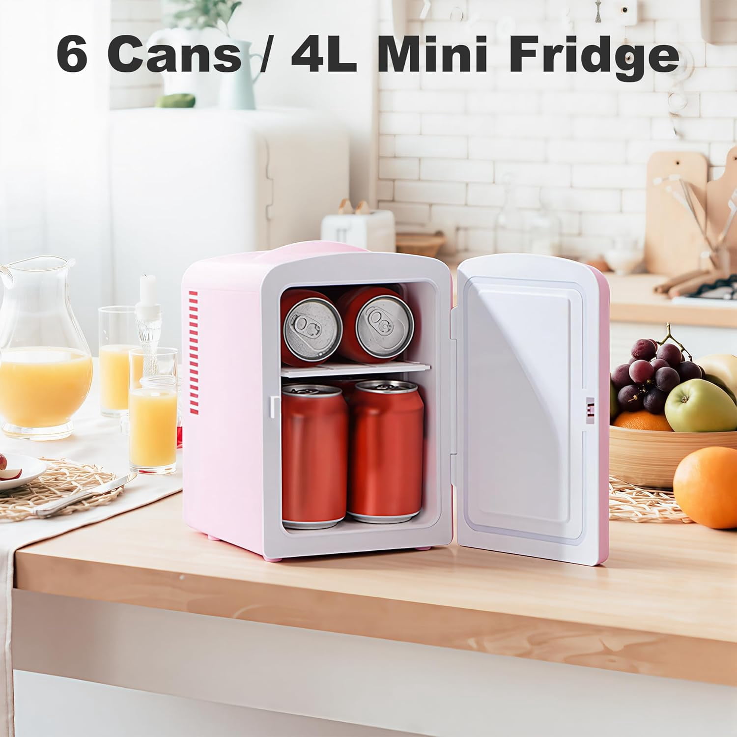 Fridge, Retro 4 Liter /6 Cans  Skincare Fridge, AC Plug & 12V Car Charger  Makeup Fridge, Compact & Portable 4A Cooling Tiny Fridge for Bedroom, Car, Office, Dorm, Gift - Pink