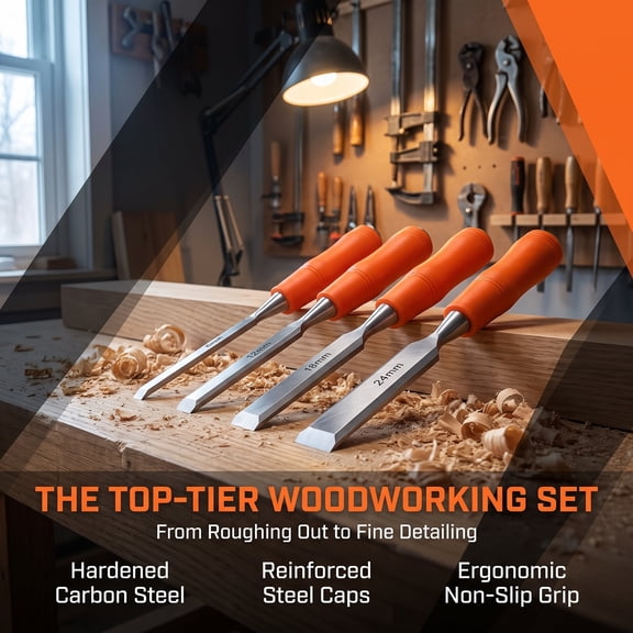 Complete Wood Chisel Set – Heavy-Duty Carbon Steel Woodworking Tools with Ergonomic Handles, Steel Hammer Ends, Blade Covers – Ideal for Carving, Mortising, DIY & Professional Use