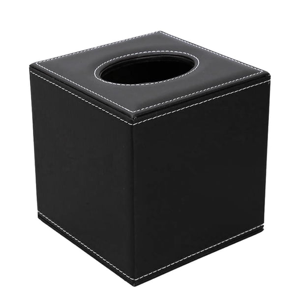Elegante caja cuadrada de cuero sintético para pañuelos y toallas de papel, ideal para el hogar y la oficina. Negro