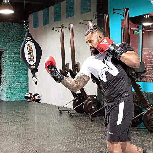 RDX Double End Speed Ball Bag Maya Hide Leather Boxing Floor to Ceiling Rope MMA Training Muay Thai Punching Dodge Striking Speed Ball Kit Workout Adjustable Bungee Cord 