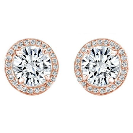 Diamond Cut 14k Rose - IGI Certified 0.60 Cttw Round Cut Natural Diamond Halo Engagement Earrings 14k Solid Rose Gold