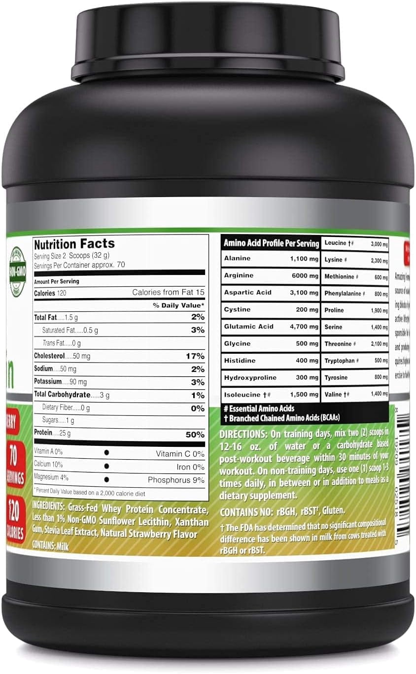 Amazing Formulas Grass-Fed Whey Protein 5Lbs Supplement | Strawberry Flavor | 70 Serving Per Unit | 25 Gram Protein per Serving | Made in USA