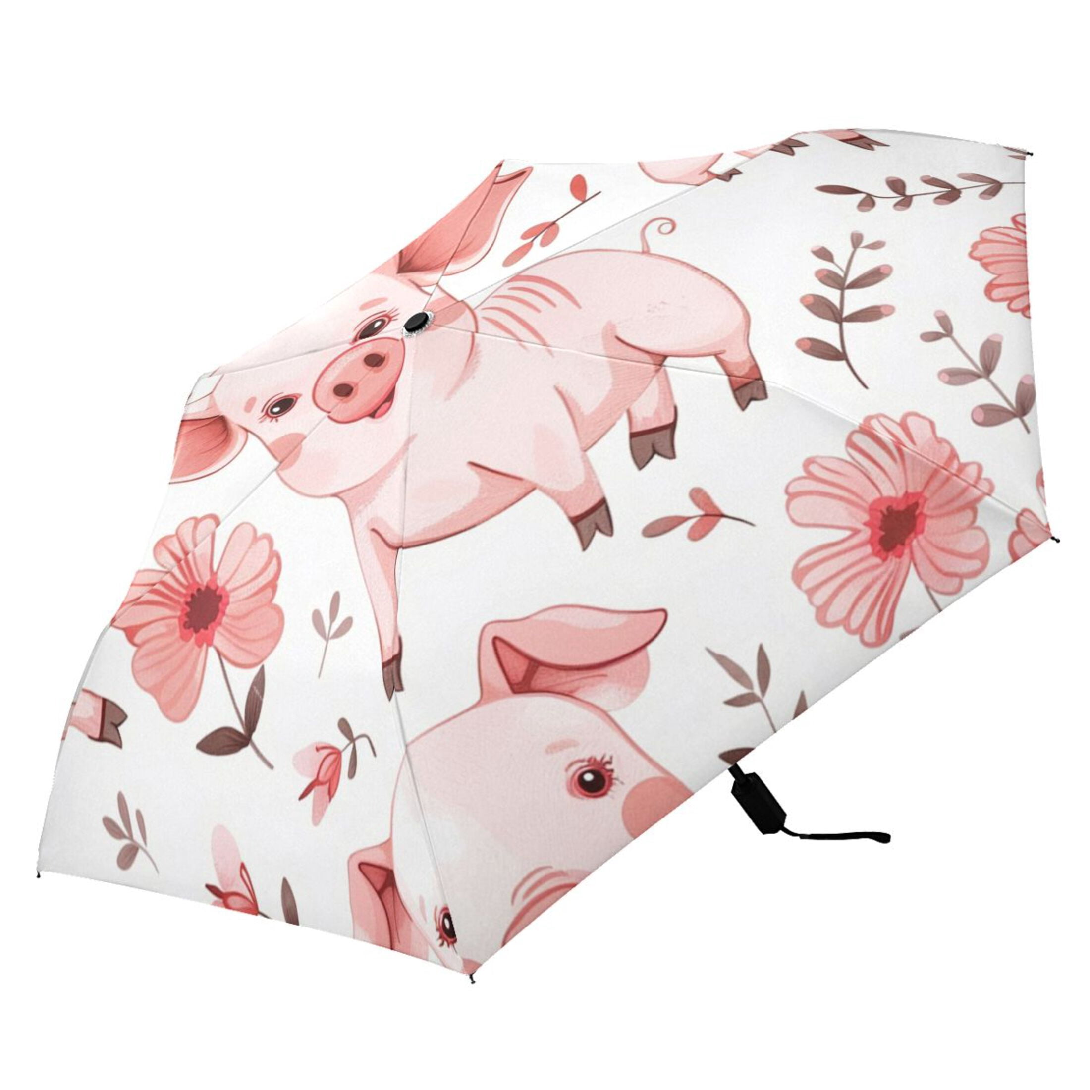 Cute Pig with Flower Compact Sun Umbrella Windproof Travel Umbrellas for Rain Strong Portable UV Protection