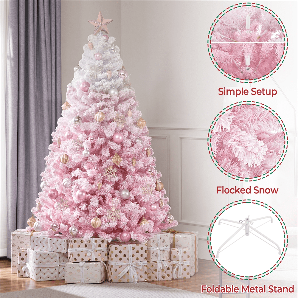 Alden Design 6Ft Unlit Flocked Artificial Christmas Tree with Foldable Stand, Pink Gradient