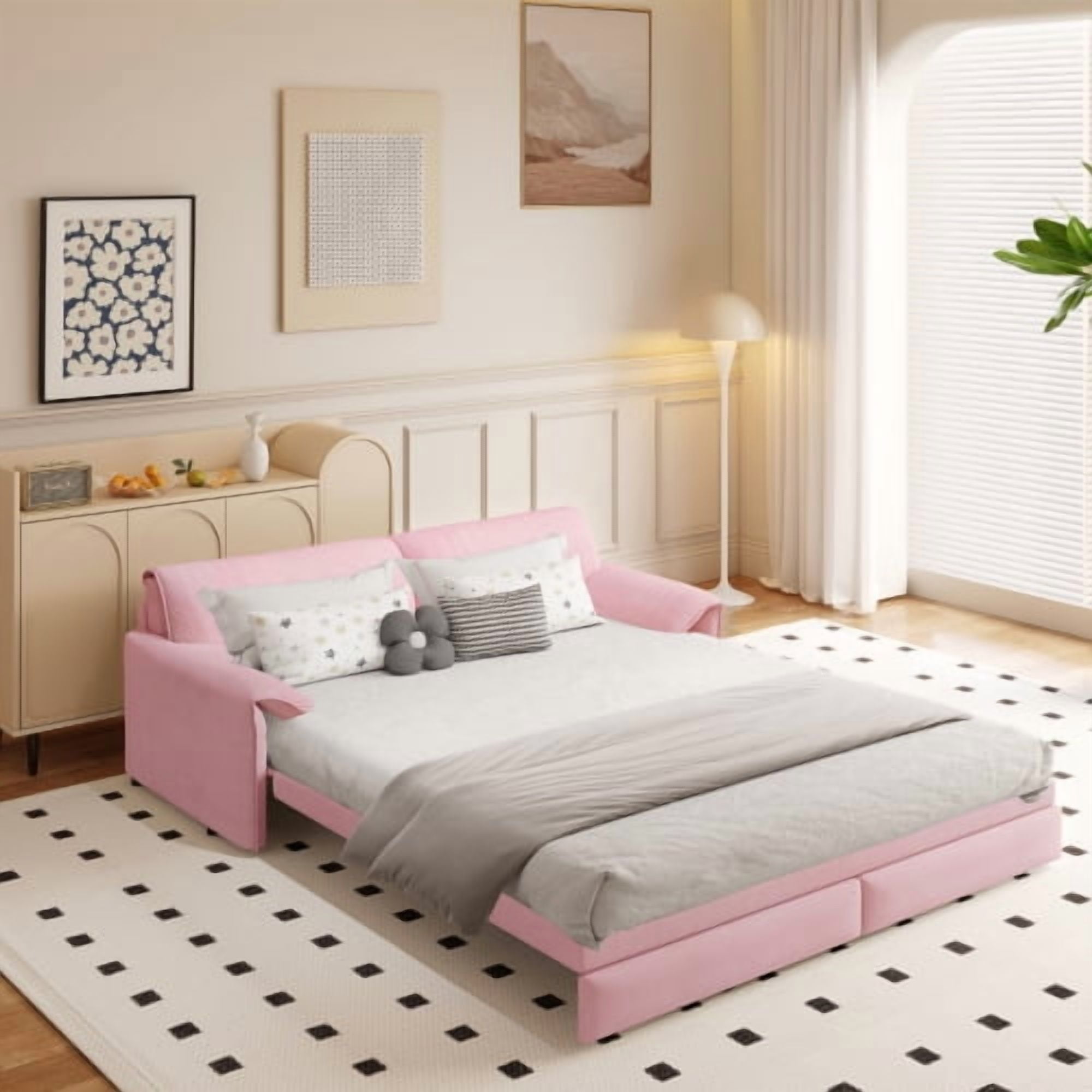 66" Queen Pull Out Sofa Bed, 3-in-1 Convertible Velvet Sleeper Sofa with Side Storage, Loveseat Bed for Living Room, Pink