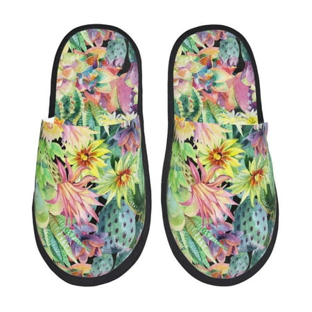 Balery Watercolor Blooming Cactus Slient Indoor Furry Fleece Comfort House Shoes Soft Non-Slip Home Shoes Cotton slippers House Slippers-- Medium