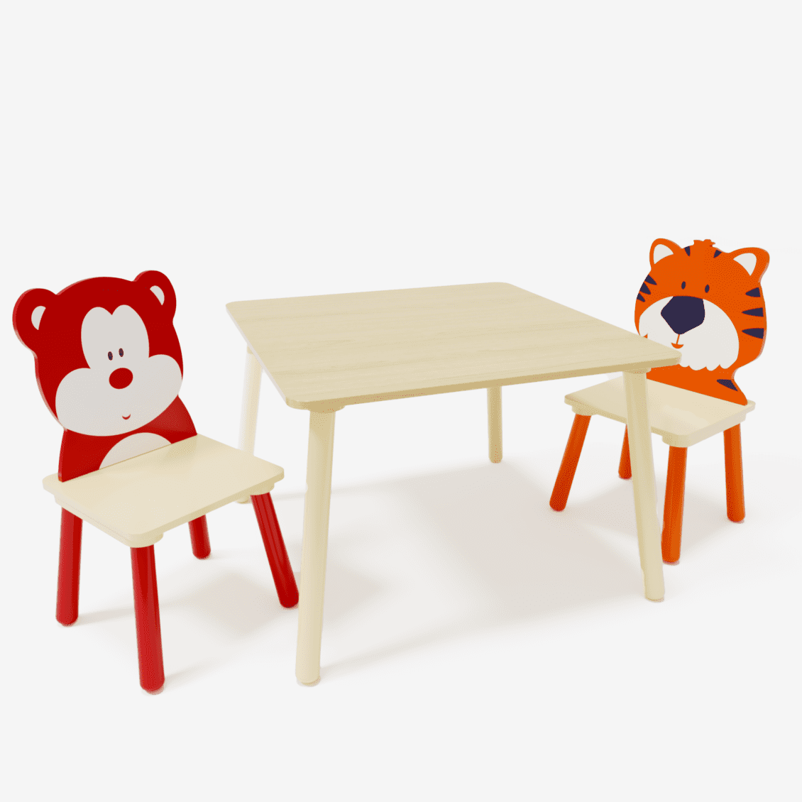 Kids Table and Chair Set, 3 Pieces Toddler Play Table and Chairs Set, Wood Table with 2 Cartoon Animals Chairs for Playroom Kindergarten (Bear and Tiger)