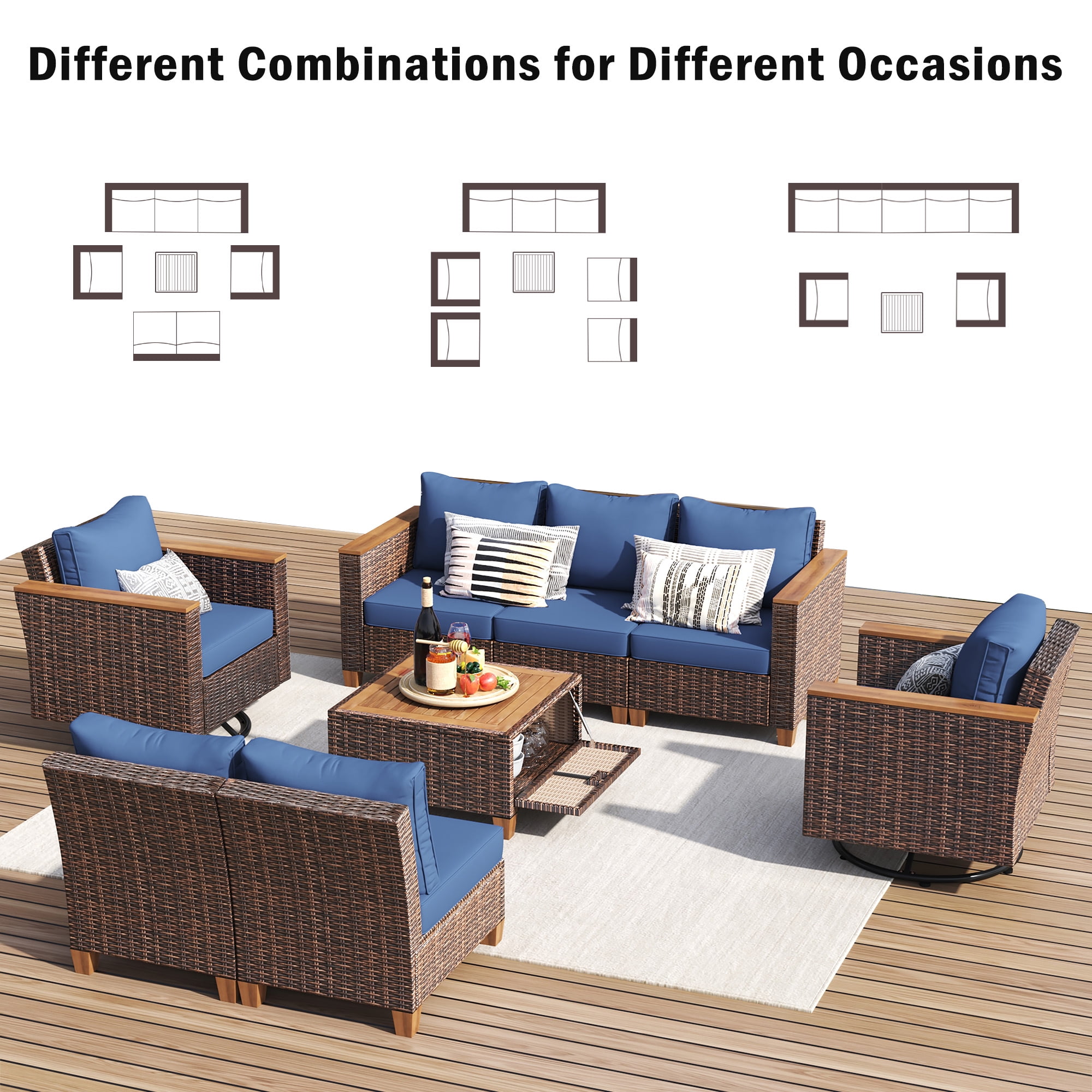 8-PCS Outdoor Patio Furniture Set with Swivel Rocking Chairs, Wicker Sectional Sofa Set with 4" Thick Cushions & Acacia Storage Table, All-Weather Rattan Conversation Set for Backyard, Patio, Blue