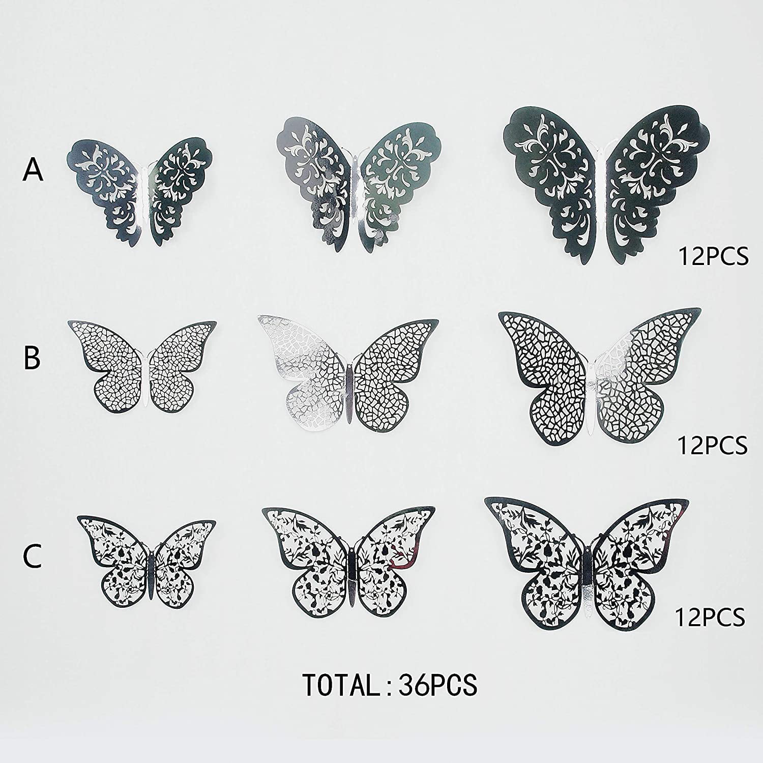 pinkblume Black Gray 3D Butterfly Wall Decor Decals Stickers Removable DIY Metallic Paper Butterflie Wall Murals Decorations for Home Living Room Babys Bedroom Showcase Nursery Wall Art Decor 36PCS