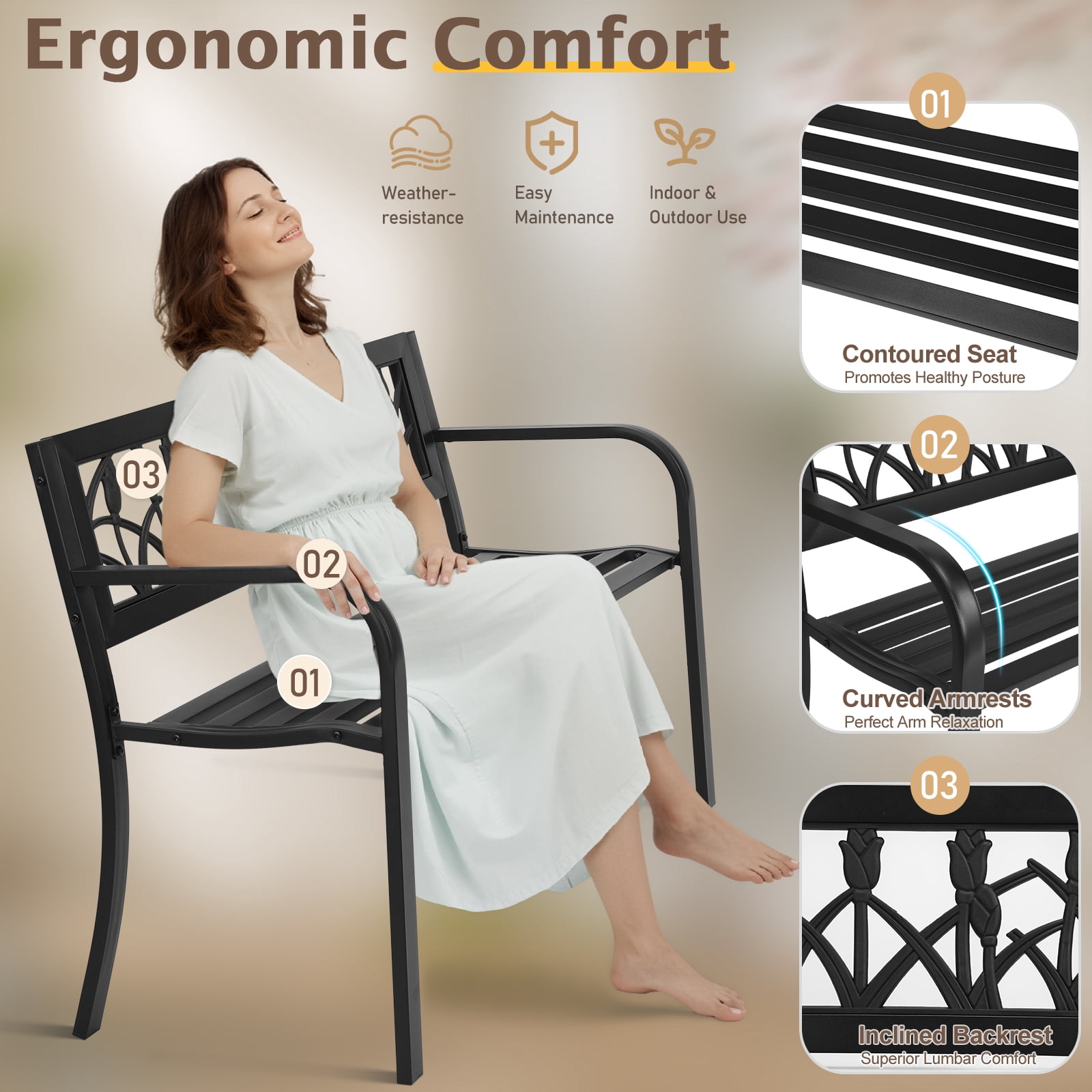 49in PVC Tulip Backrest Iron Bench, Black