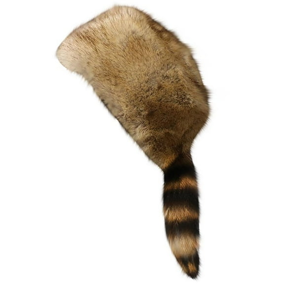 ZQUUVOU Cossack Style Faux Fur Raccoon Tail Coonskin Cap, Round Flat Top Boone Hat Raccoon Tail Hats For Winter Khaki