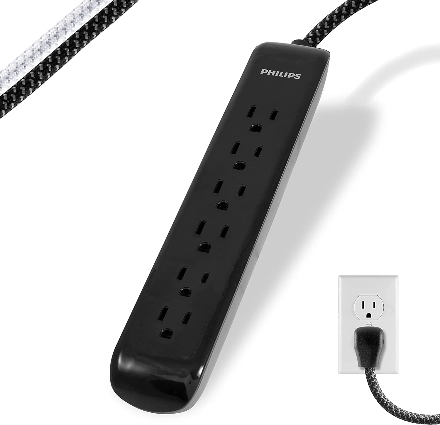 Philips 6 Outlet Surge Protector Power Strip, Designer Braided Power