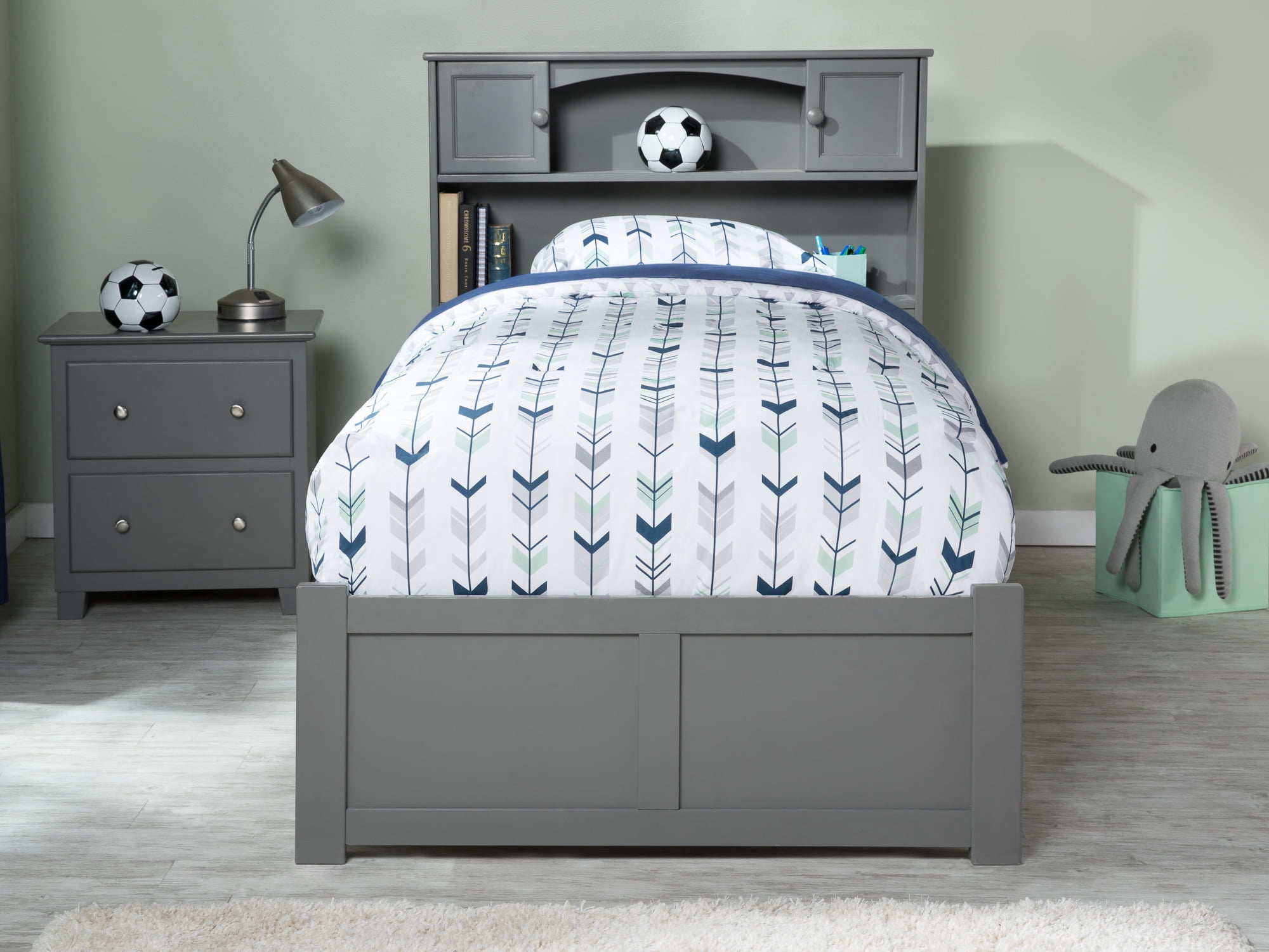 AFI Newport Twin Solid Wood Platform Bed with Footboard & 2 Storage Drawers in Grey