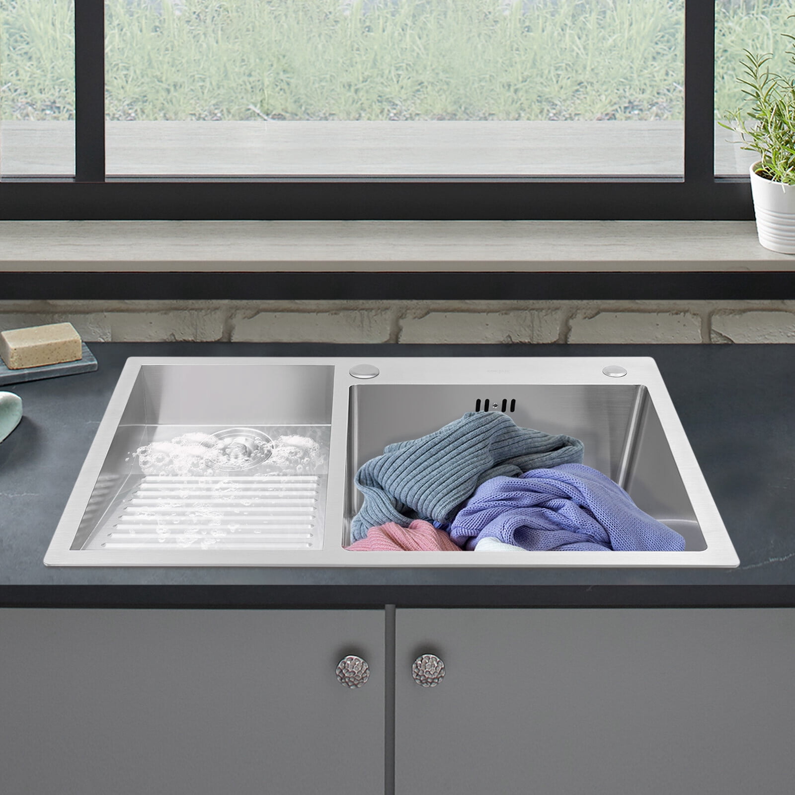 Laundry Sink Drop-in Stainless Steel Utility Sink Hand Wash Tub with Washboard