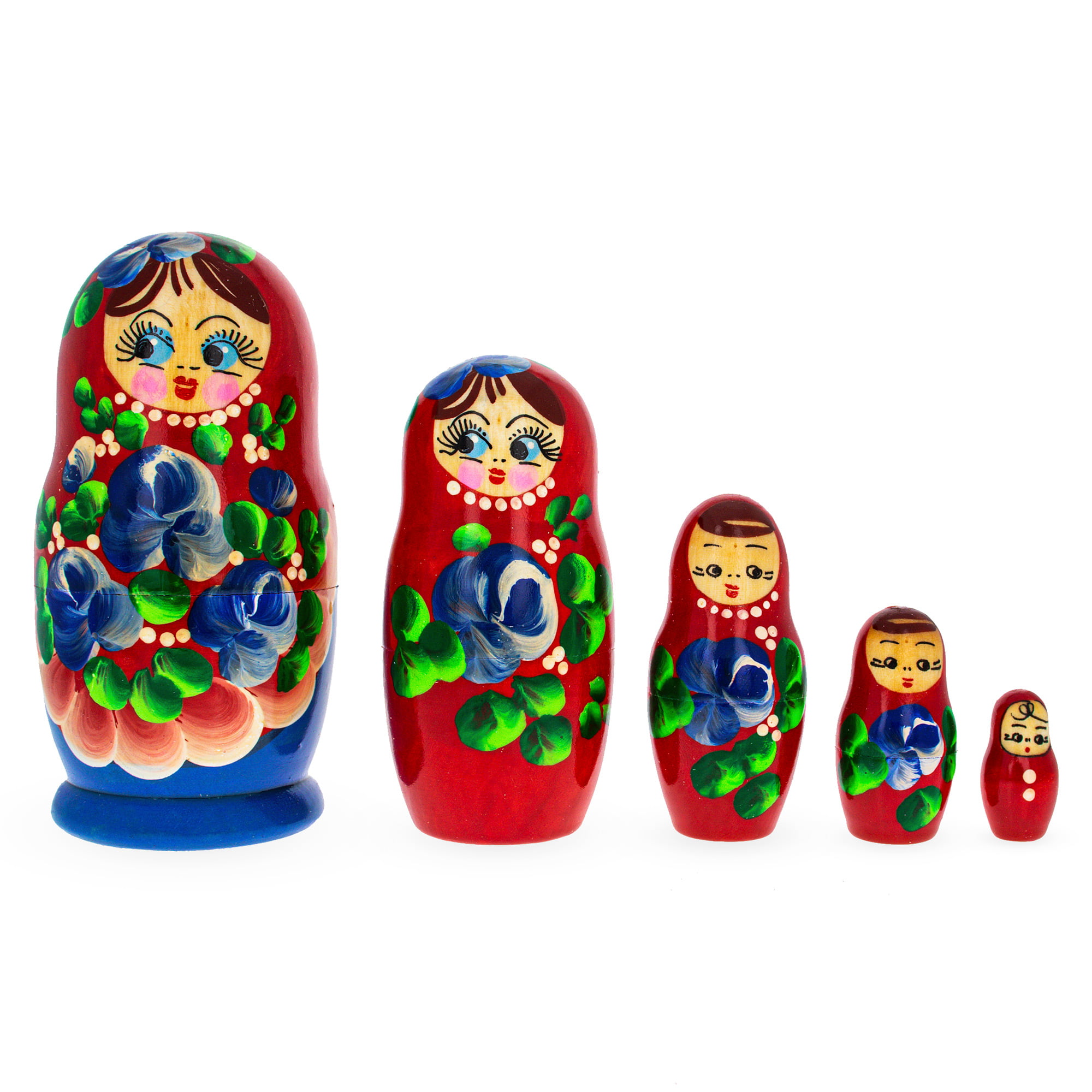Set of 5 Flowers on Blue Dress Wooden Matryoshka Russian Nesting Dolls 7 Inches 