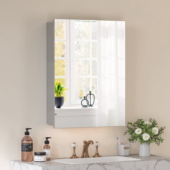 Caulitar Bathroom Mirror Cabinet Silver Wall Mount Storage Organizer with Shelves