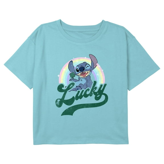 Girl's Lilo & Stitch Lucky Rainbow Wink Distressed Graphic Cropped T-Shirt Blue Large