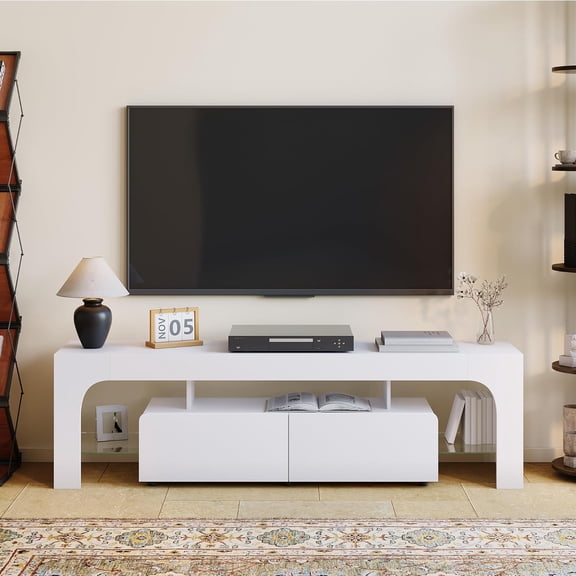 TV Stand with LED Lights for 50-75 Inch TVs, Modern Media Console with Large Storage Drawer, Entertainment Center for Living Room Bedroom - White