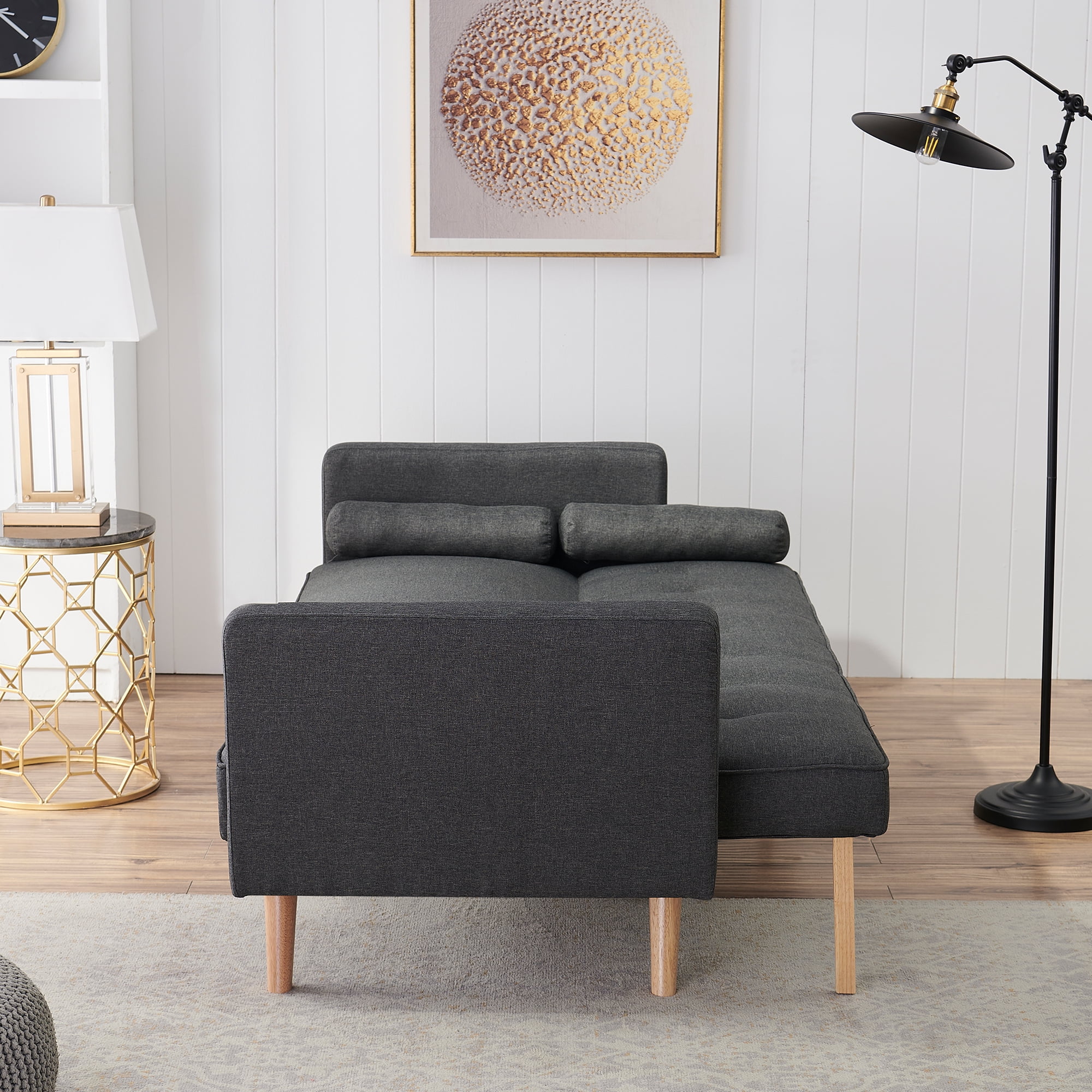 Aukfa Convertible Futon Sofa Bed, Arm Couch for Home Office, Solid Wood Legs, 2 Pillows, Gray