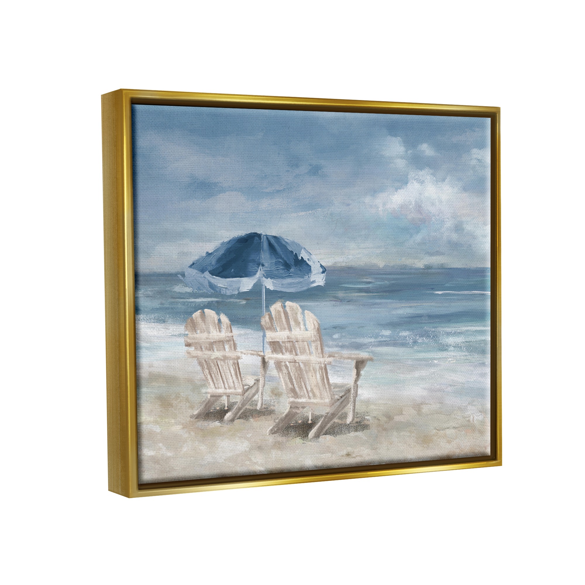 Stupell Industries Serene Beach Chairs Landscape Painting Gold Floater Framed Canvas Art Print Wall Art, 21 x 17