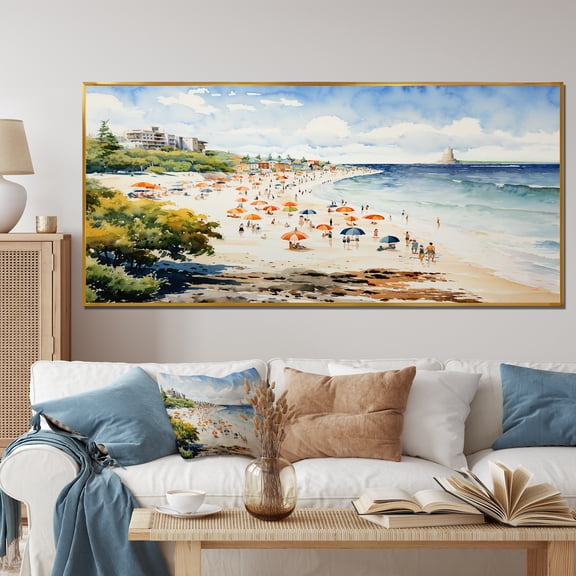 Designart "Tranquil Vintage Beach Day I" Extra Large Beach Framed Wall Art - Coastal Green Coastal Beach Sand Entryway Framed Wall Art Print