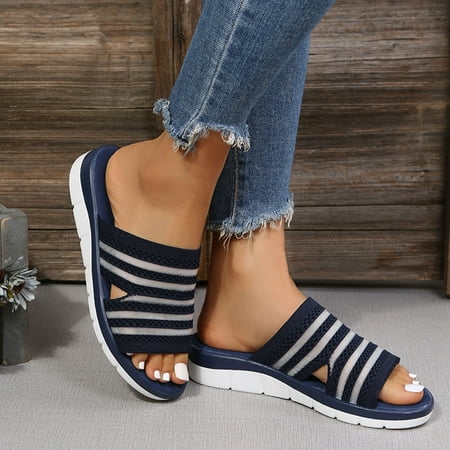 

〖Yilirongyumm〗 Blue 38 Slippers For Women Leisure Roman Style Stripe Women s Solid Color Summer Non Slip Slip On Flat Beach Open Toe Breathable Sandals Shoes Slippers