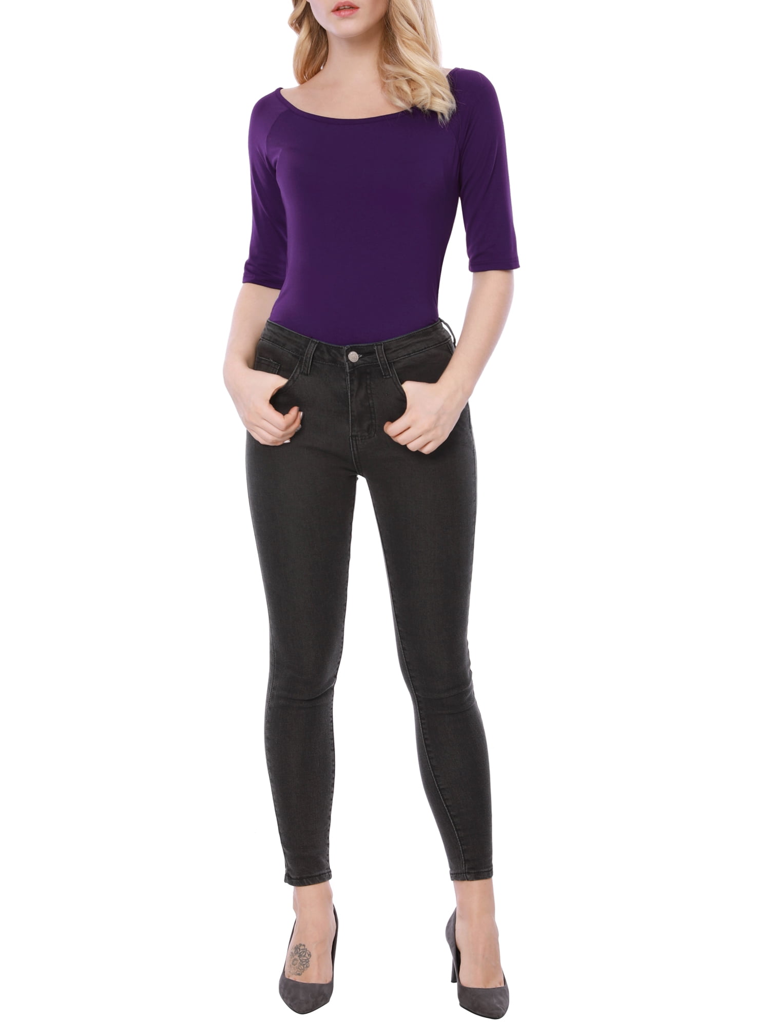 DARING DIVA Women's Slim Fit Pullover Boat Neck Stretchable T-Shirt L Dark Purple
