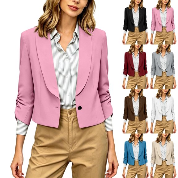 QINGFSAP Womens Short Blazer 3/4 Sleeve Lapel Open Front Casual Business Jacket with Pockets
