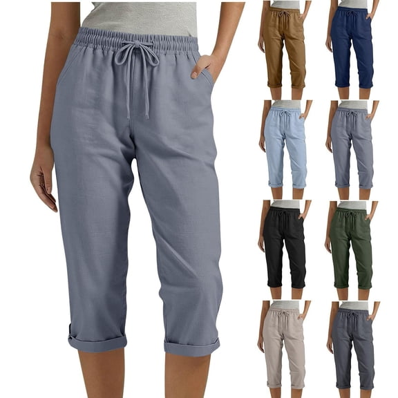 Dzrciro Capri Pants for Women, Plus Size Cotton Linen Drawstring Elastic Waist Trousers with Pockets, Lightweight Dressy Work Pants S-3XL