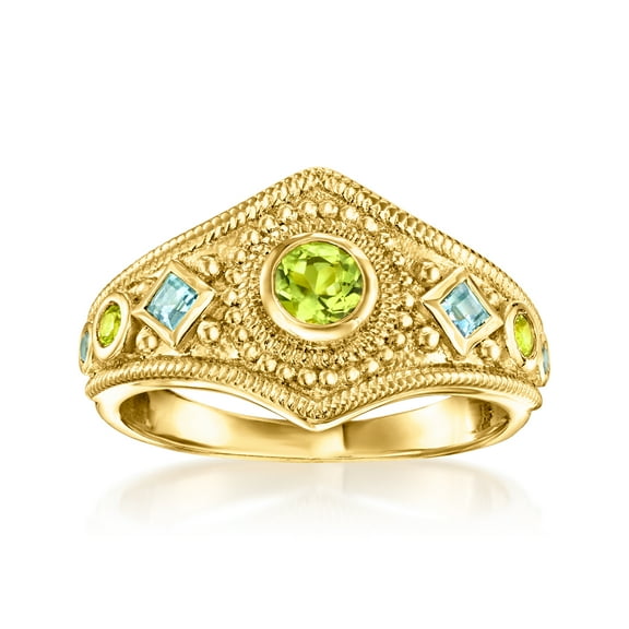 Ross-Simons 0.30 ct. t.w. Peridot and .24 ct. t.w. Swiss Blue Topaz Milgrain Ring in 18kt Gold Over Sterling, Women's, Adult