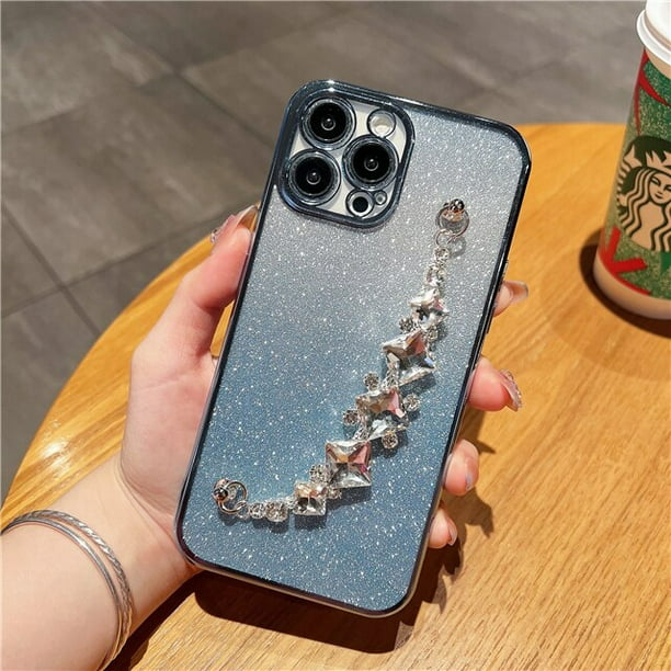 Funda de teléfono con correa de pulsera con purpurina chapada de lujo para iPhone 11, 12, 13, Mini, 14 Pro Max, X, XR, XS, 7, 8 Plus, funda de cadena de diamante Flash Fivean unisex