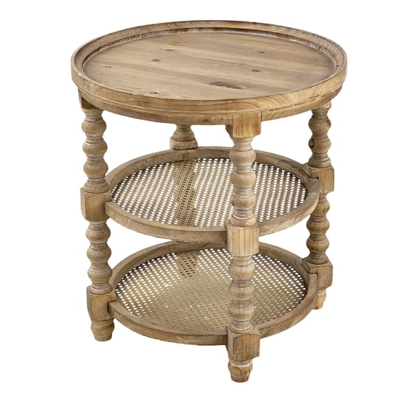 Round 3-Tier Side Table with Woven Rattan Shelves, Natural Wood End Table for Living Room, Bedroom, or Entryway, Brown Finish